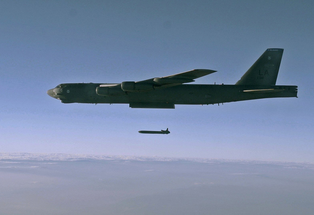 A file photo shows an unarmed AGM-86B Air-Launched Cruise Missile released from a B-52H Stratofortress over the Utah Test and Training Range during a Nuclear Weapons System Evaluation Program sortie, near Salt Lake City. (OSV News/U.S. Air Force via Reuters/Staff Sgt. Roidan Carlson)
