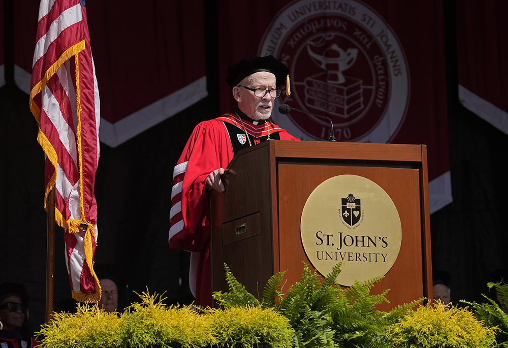 Dominican Fr. Brian J. Shanley, president of St. John's University, addresses graduating students during commencement ceremonies May 17, 2026, at the Vincentian school's campus in the Jamaica section of the New York borough of Queens. (OSV News/Gregory A. Shemitz)