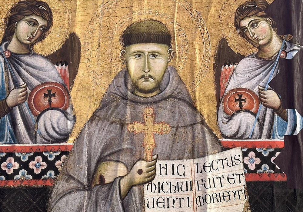 A 12th-century painting of St. Francis with Angels by an unknown artist known as the Master of St. Francis is on display at the Basilica of St. Mary of the Angels in Assisi, Italy, Feb. 22, 2026. The basilica encompasses the chapel St. Francis helped restore in Assisi called the Porziuncola and where the saint founded the Franciscan order. (OSV News/Courtney Mares)
