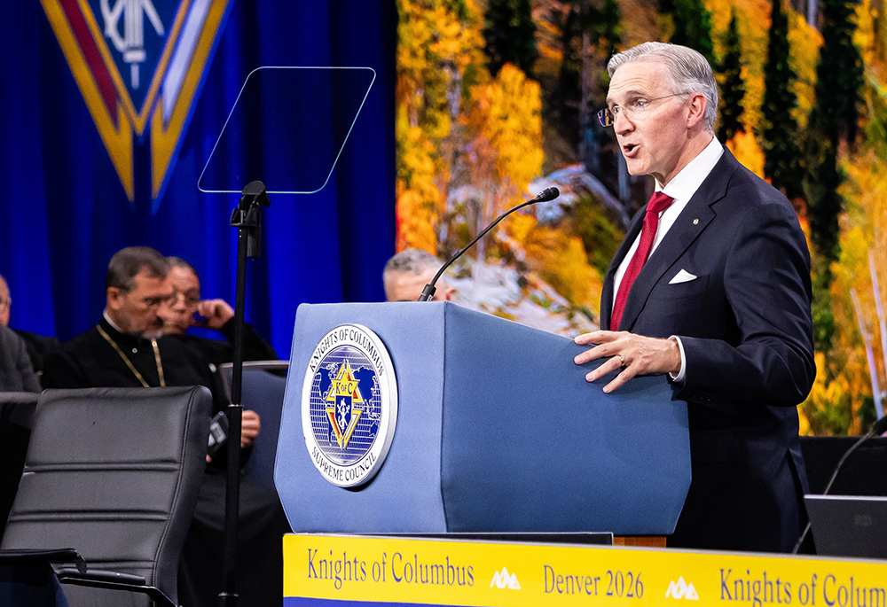 Supreme Knight Patrick E. Kelly delivers his annual report Aug. 4, 2026, at the 144th Supreme Convention of the Knights of Columbus in Denver. (OSV News/Denver Catholic/André Escaleira Jr.)