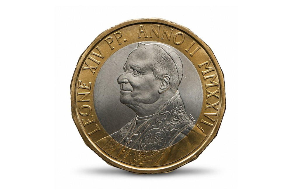 A coin with Pope Leo XIV's portrait is seen in an image from the Governorate of Vatican City State. (OSV News/Courtesy of Governatorato SCV)