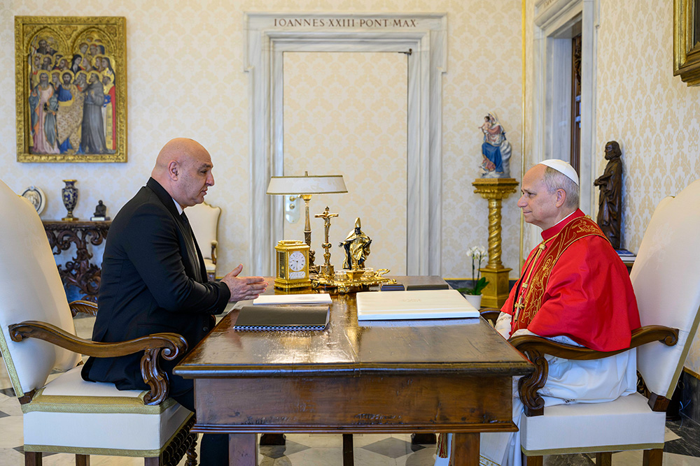 Pope Leo XIV speaks with Lebanese President Joseph Aoun during a private meeting at the Vatican Aug. 20, 2026. (OSV News/Vatican Media/Simone Risoluti)