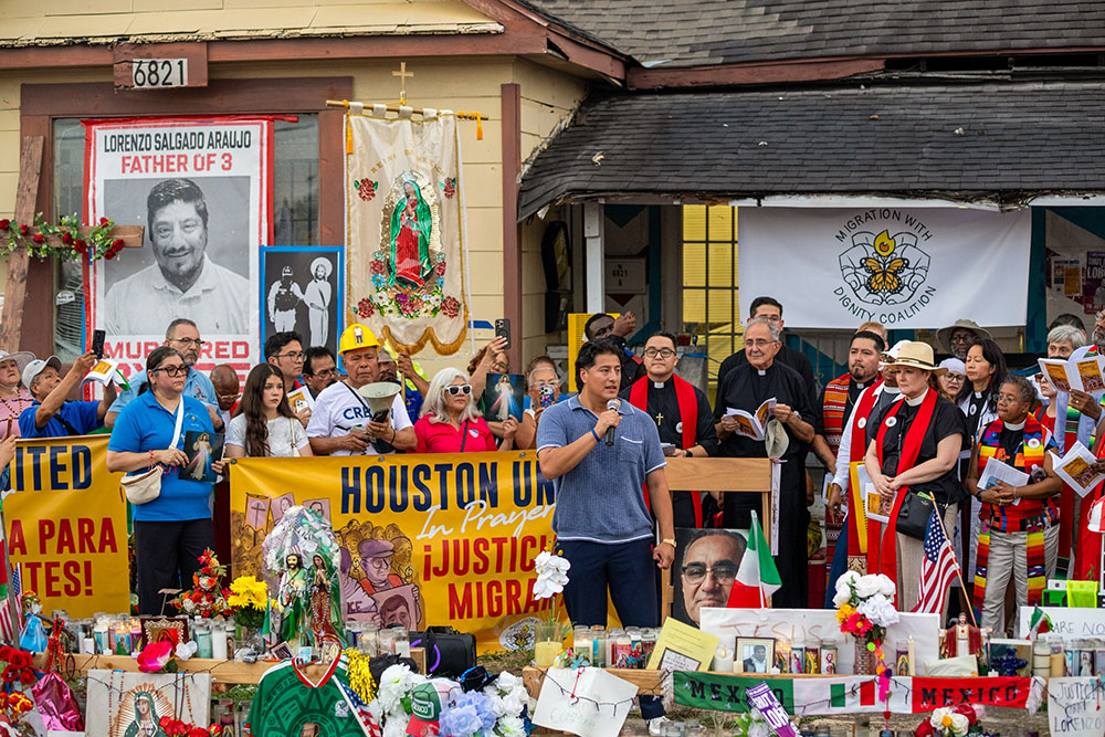 Ronaldo Salgado Araujo, 29, son of Lorenzo Salgado Araujo, who died following an encounter with federal immigration agents in Houston's Magnolia Park neighborhood on July 7, 2026, speaks during a July 25 prayer vigil procession in Magnolia Park. (OSV News/Texas Catholic Herald/James Ramos)