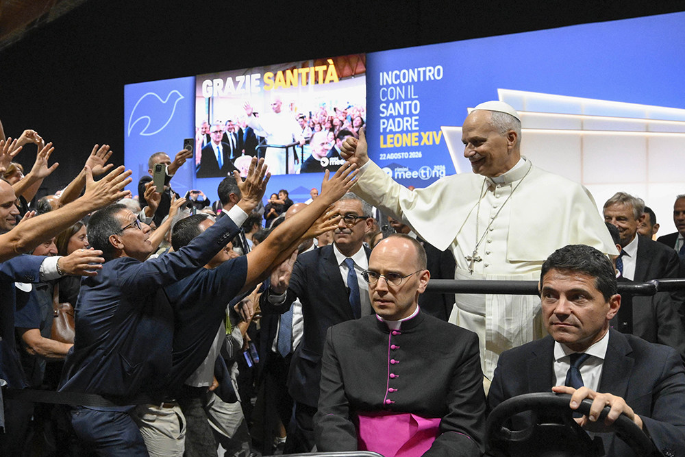 Pope Leo XIV greets people attending the Meeting for Friendship Among Peoples, hosted by the Catholic lay movement, Communion and Liberation, in Rimini, Italy, Aug. 22, 2026. (CNS/Vatican Media) 