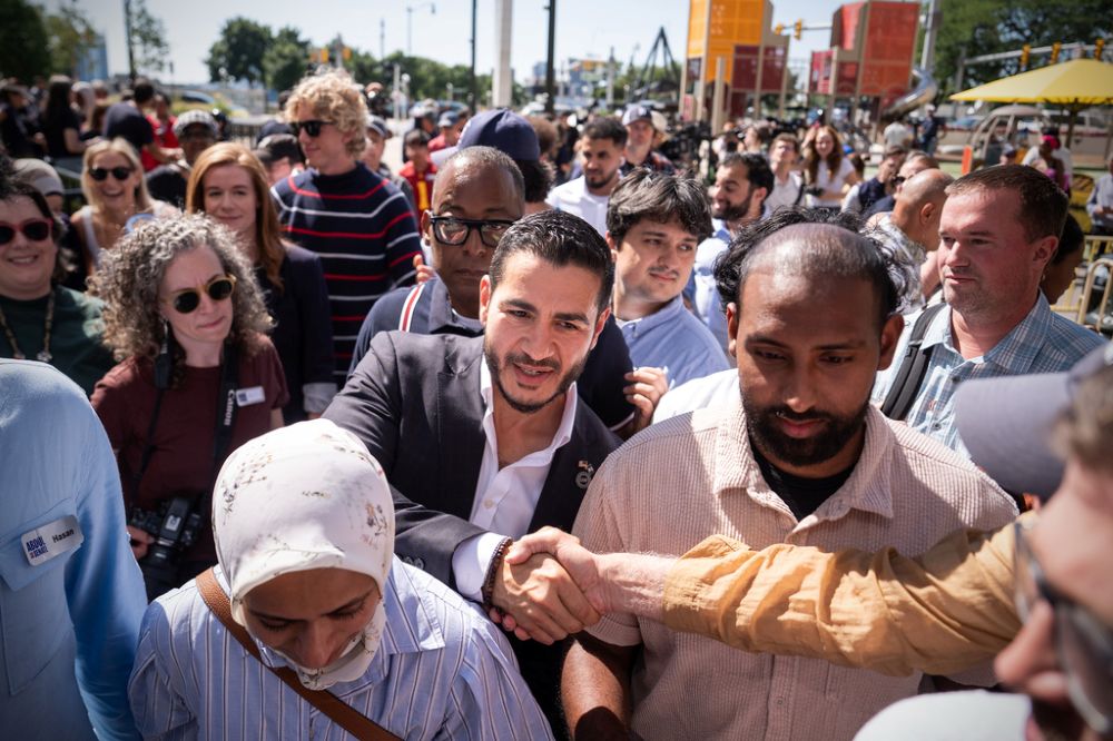 Abdul El-Sayed departs following a news conference at the Spirit of Detroit shortly after winning the Democratic nomination for U.S. Senate in Michigan Aug. 5, 2026, in Detroit. (AP/Julia Demaree Nikhinson)