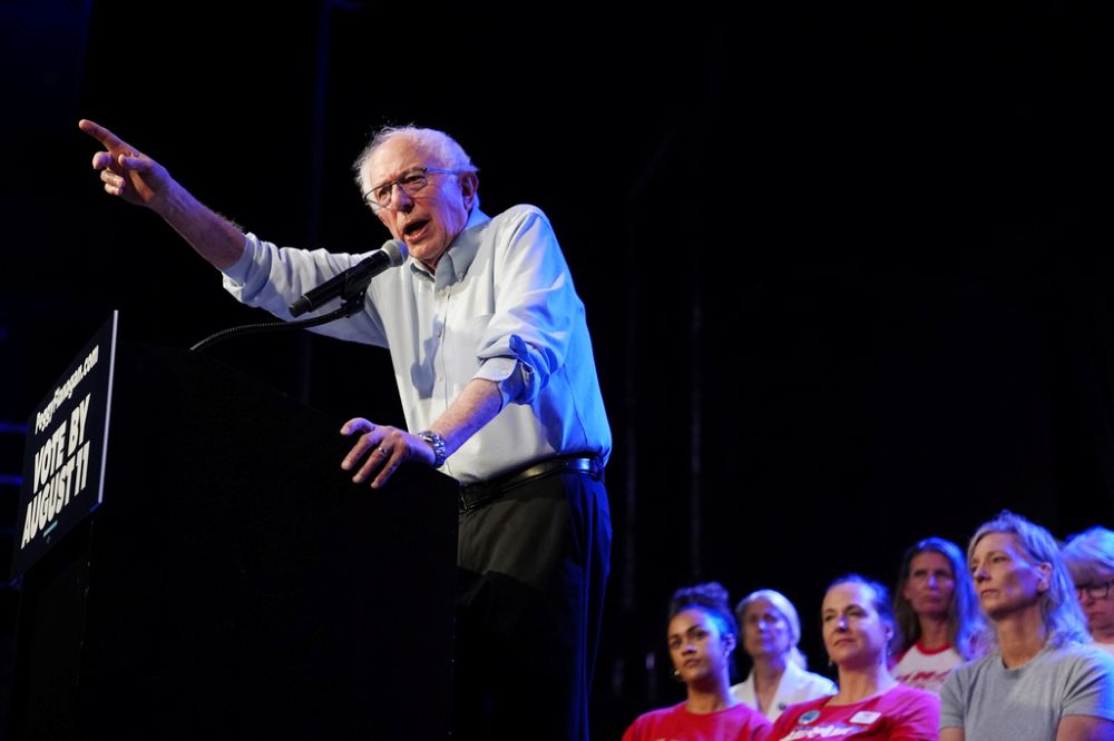 Sen. Bernie Sanders, Independent of Vermont, speaks during a campaign rally for Minnesota Lt. Gov. Peggy Flanagan, a Democratic candidate for U.S. Senate, July 20, 2026, in Minneapolis. (AP/Ellen Schmidt)