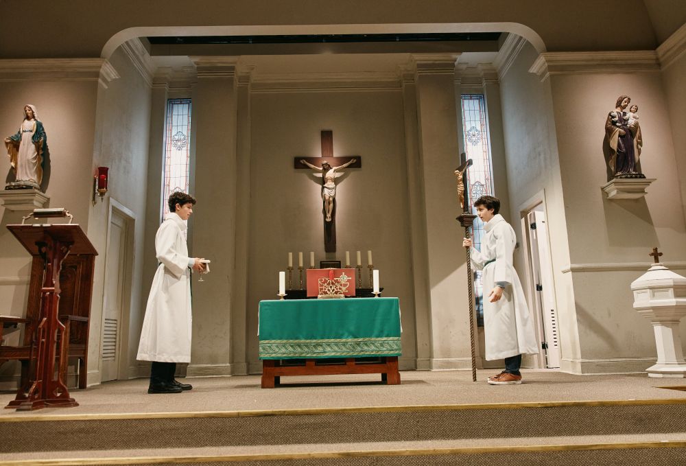 In New York City's off-Broadway play "The Saviors," two eighth-grade altar servers have an encounter that leaves them asking questions about Catholicism, God and themselves. (Emilio Madrid)