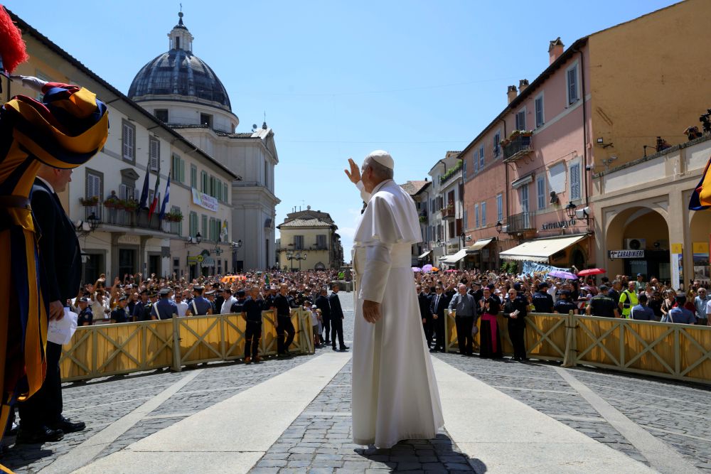 Pope Leo XIV greets people in Piazza della Liberta in Castel Gandolfo near Rome Aug. 16, 2026. After leading the Angelus prayer, the pope decried the violence in the West Bank and called on the international community to "work toward advancing the two-state solution." (OSV News/Vatican Media/Simone Risoluti)