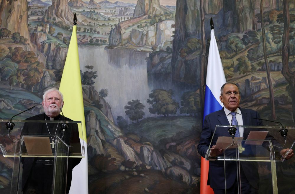 Archbishop Paul Gallagher, the Vatican foreign minister, and Russian Foreign Minister Sergey Lavrov, attend a news conference following their meeting in Moscow Aug. 25, 2026. (OSV News/Pool via Reuters/Ramil Sitdikov)