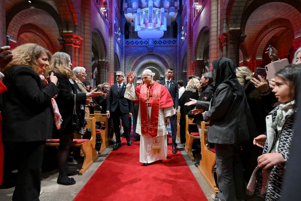 Pope Leo XIV arrives to lead a midday prayer with the Catholic community at the Cathedral of Our Lady of the Immaculate Conception of Monaco March 28, 2026. Leo will meet in Paris with catechumens and newly baptized Catholics on Sept. 26. (CNS/Vatican Media/Simone Risoluti)