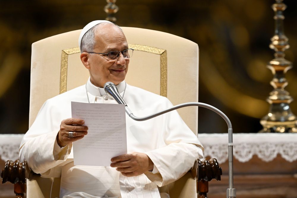 Pope Leo XIV addresses visitors and pilgrims during his weekly general audience at St. Peter's Basilica on Aug. 26, 2026. (CNS/Vatican Media)