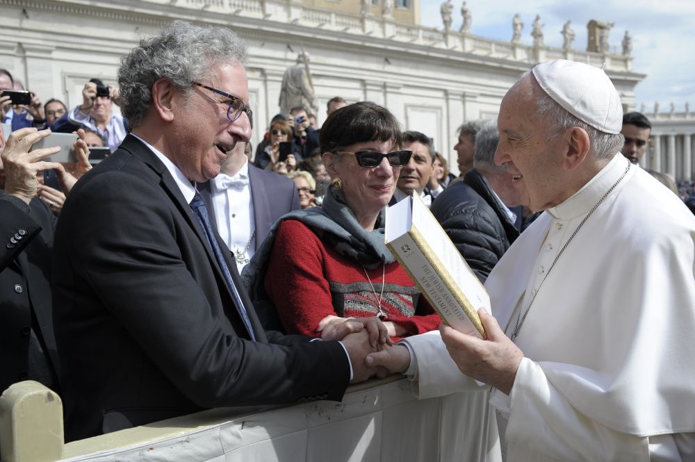Amy-Jill Levine, center, and Marc Zvi Brettler present Pope Francis with "The Jewish Annotated New Testament" during his weekly general audience March 27, 2019. Levine is the first Jewish president of the Catholic Biblical Association of America. (CNS/Vatican Media)