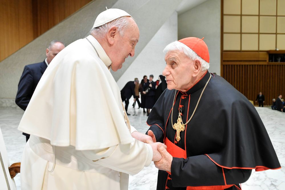 Pope Francis greets Albanian Cardinal Ernest Simoni at the end of his weekly general audience in the Paul VI Audience Hall at the Vatican Feb. 14, 2024. (CNS/Vatican Media)
