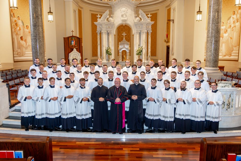 Bishop Carl  Kemme of Wichita is pictured with seminarians and Fr.Garett Burns (at his left), and Fr. Chad Arnold in an undated photo. Kemme has announced his plan to formally establish a new seminary in the Wichita Diocese on Aug. 26, 2026. (OSV News/Courtesy Diocese of Wichita)