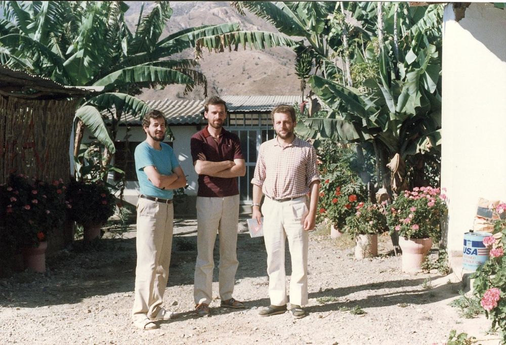 Conventual Franciscan Frs. Jaroslaw Wysoczanski, left, Michal Tomaszek and Zbigniew Strzalkowski pose  at their mission in Peru in an undated photo. The three Polish friars served remote communities in the Andes after arriving in Peru in 1988. Tomaszek and Strzalkowski were killed by Shining Path guerrillas Aug. 9, 1991, and were beatified as martyrs in 2015. (OSV News/Courtesy Jaroslaw Wysoczanski)