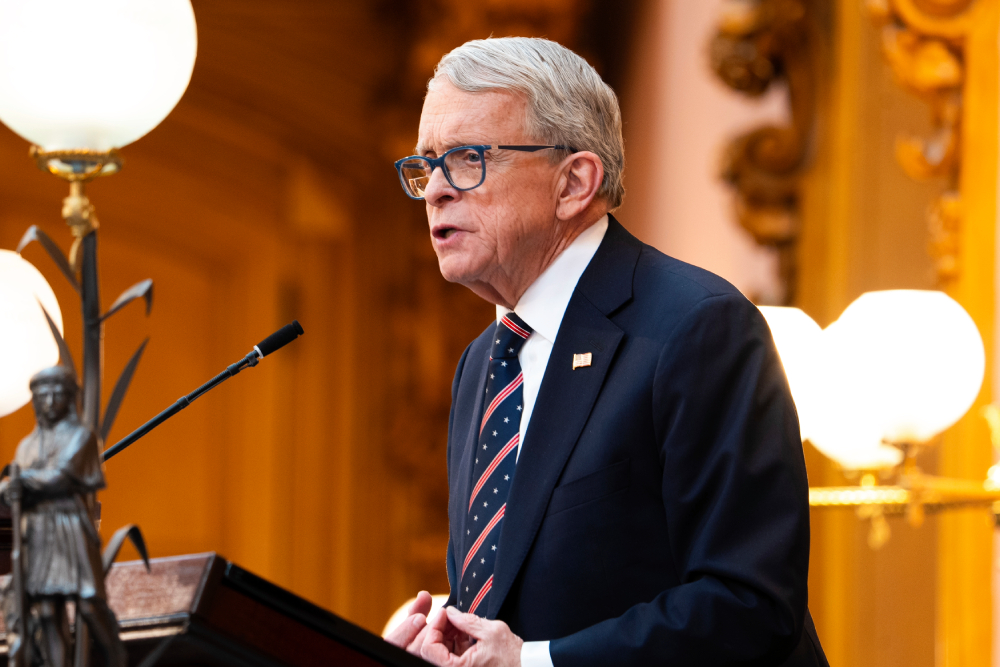 Ohio Gov. Mike DeWine gives the State of the State address in the Ohio House chambers at the Ohio Statehouse on Wednesday, March 12, 2025, in Columbus, Ohio. (AP/The Columbus Dispatch/Pool/Samantha Madar)