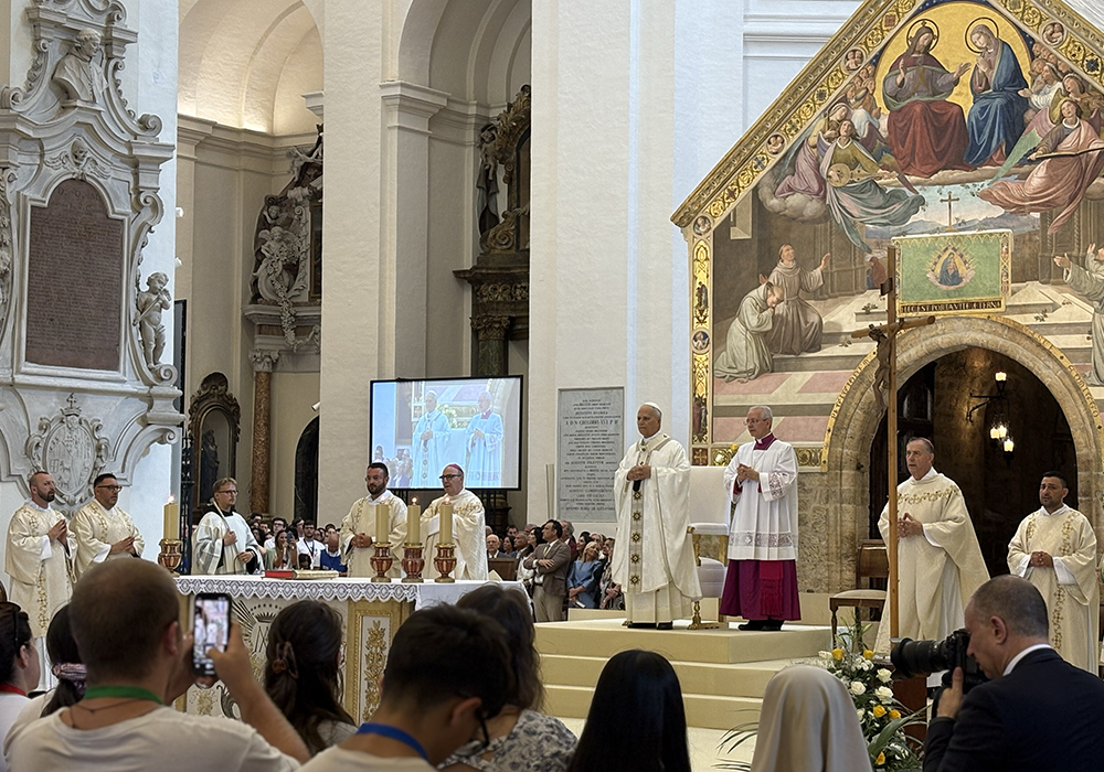 Pope Leo XIV celebrates Mass in the Basilica of Santa Maria degli Angeli in Assisi, Italy, which houses the Porziuncola, the small chapel closely associated with the life and early vocation of St. Francis, Aug. 6, 2026. (NCR photo/Camillo Barone)