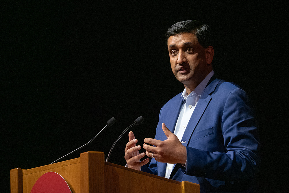 Rep. Ro Khanna, D-California, speaks at a student Q&A at Stanford University about "Who Controls the Future of AI: The Oligarchs or the People?" on Feb. 20, 2026. (Wikimedia Commons/Anderseidesvik)