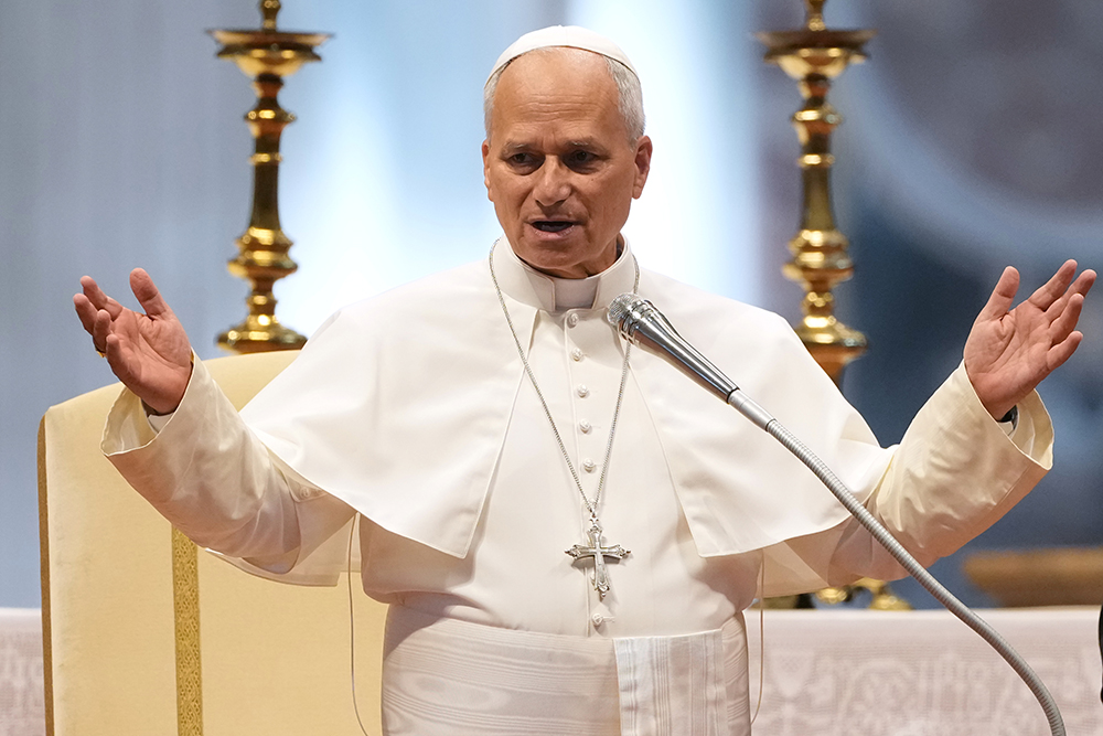 Pope Leo XIV delivers a blessing in St. Peter's Basilica, on the occasion of the weekly general audience at the Vatican Aug. 5, 2026. (AP Photo/Gregorio Borgia)