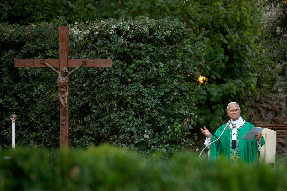 Pope Leo XIV gestures as he celebrates Mass at the Borgo Laudato Si' center in Castel Gandolfo, Italy, Sept. 1, 2026, marking the World Day of Prayer for the Care of Creation. (OSV News Reuters/Guglielmo Mangiapane)