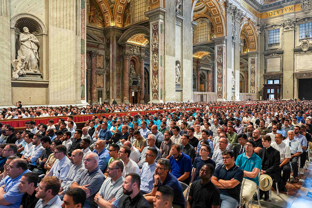 Seminarians and those involved in priestly formation from around the world attend a reflection led by Pope Leo XIV in St. Peter's Basilica at the Vatican June 24, 2025, as part of the Jubilee of Seminarians. (CNS/Lola Gomez)
