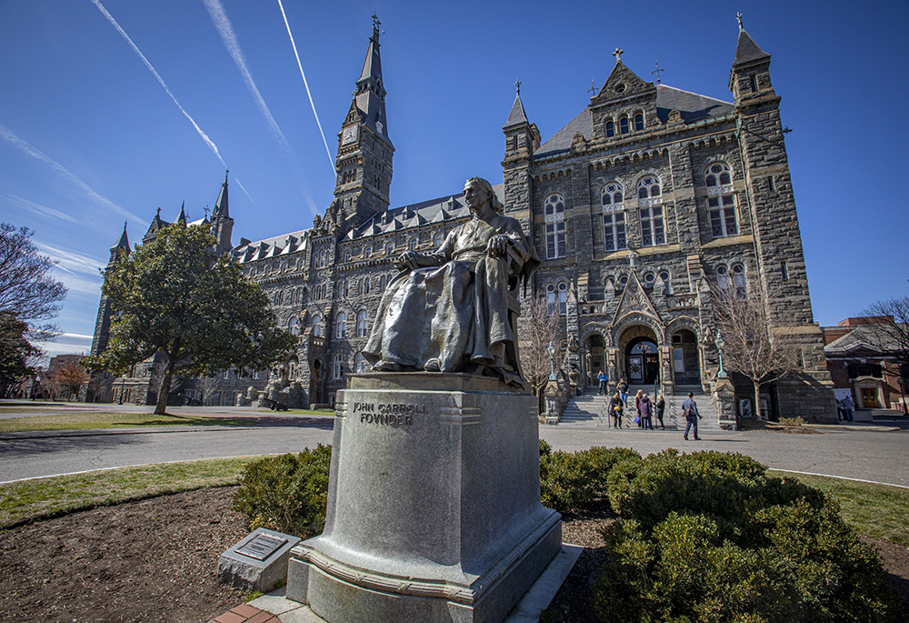 A statue of Baltimore Archbishop John Carroll, the first Catholic bishop in the United States and founder of Georgetown University, is seen on the Jesuit-run school's Washington campus in 2022. (OSV News/Chaz Muth)