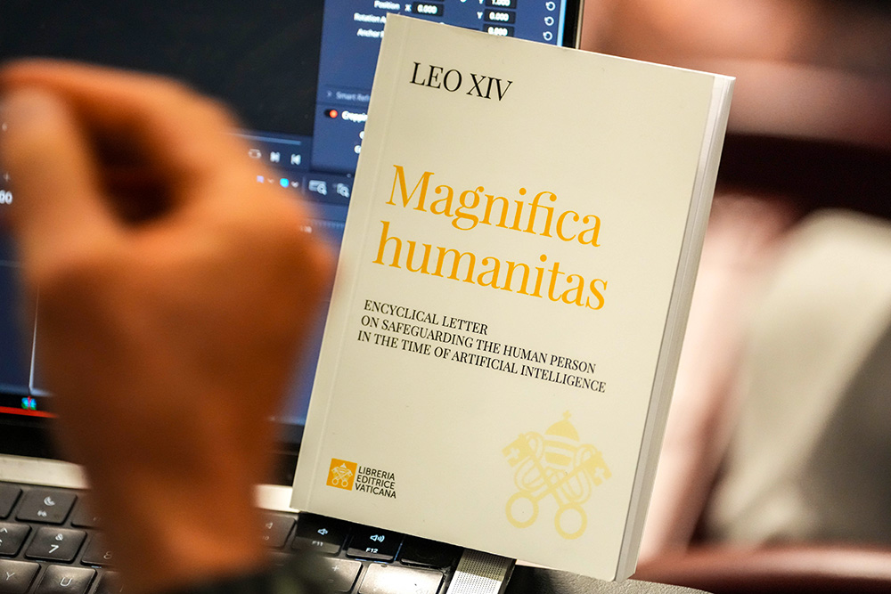 A copy of Pope Leo XIV's first encyclical, Magnifica Humanitas, is seen during a presentation on the document at the Vatican May 25, 2026. (CNS/Lola Gomez)