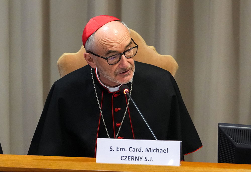 Cardinal Michael Czerny, then-prefect of the Dicastery for Promoting Integral Human Development, speaks at a presentation of Pope Leo XIV's first encyclical, "Magnifica Humanitas: On Safeguarding the Human Person in the Time of Artificial Intelligence," at the Synod Hall at the Vatican May 25, 2026. (CNS/Lola Gomez)