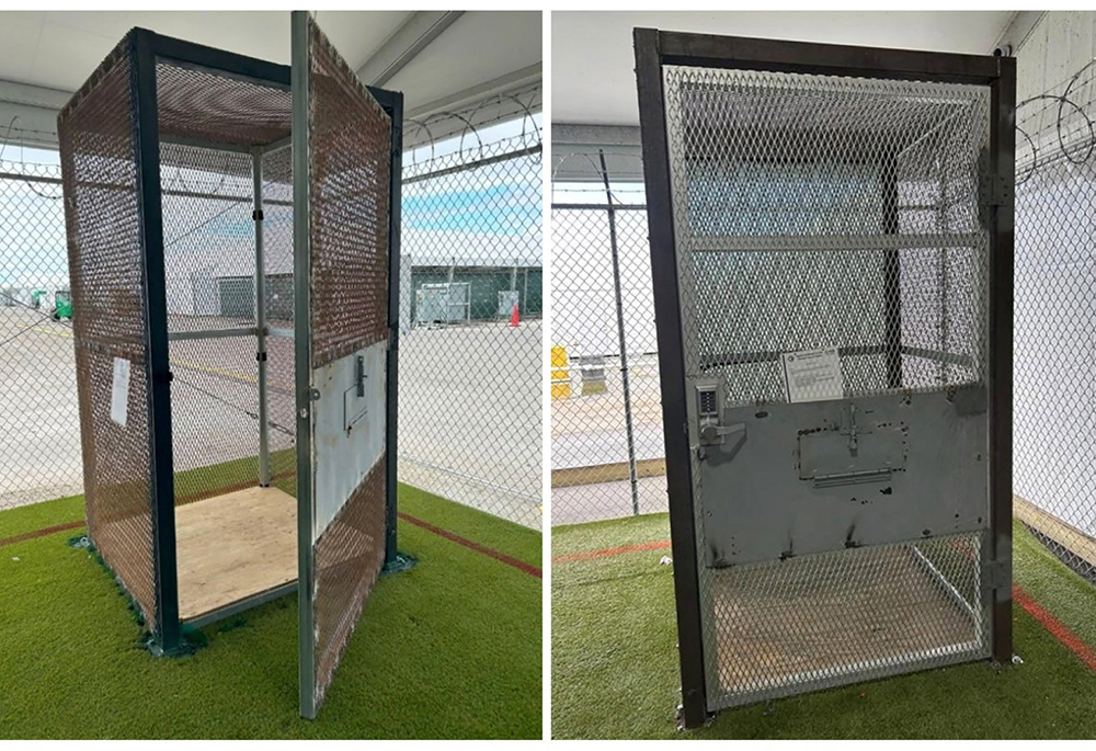 A small metal enclosure, with 18 square feet of floor space and used in a monitored "calming area," is seen Jan. 21, 2026, during an unannounced inspection of ICE's now-closed immigration detention center Florida Soft-Sided Facility by the Department of Homeland Security Office of Inspector General. (OSV News/DHS OIG, handout via Reuters)