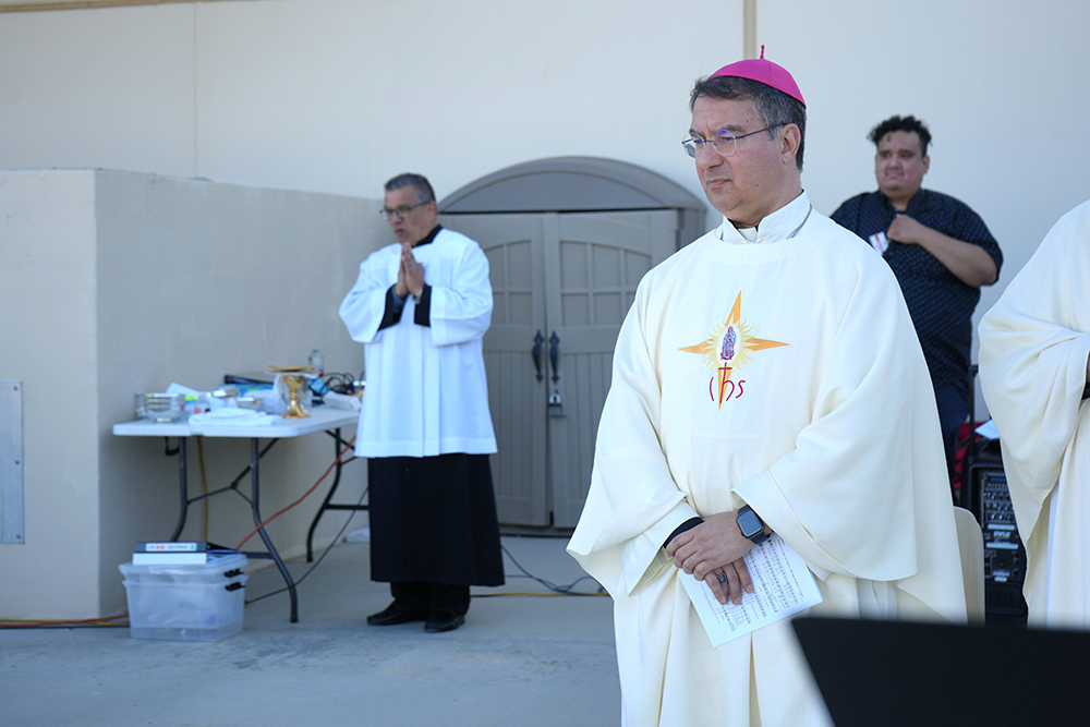 Bishop Oscar Cantú of San Jose, Calif., concelebrates Mass on the grounds of the ICE Processing Center near Adelanto, Calif., Dec. 10, 2025. (OSV News/courtesy California Catholic Conference)