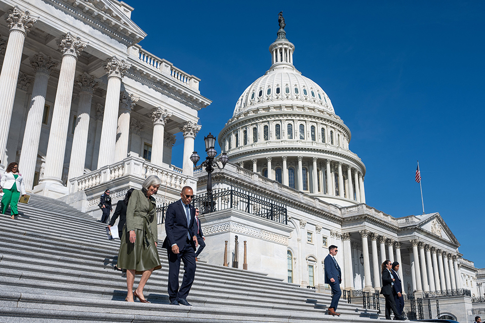 The U.S. Capitol building is seen as Reps. Hakeem Jeffries, D-N.Y., and Katherine Clark, D-Mass., walk down its steps in Washington Sept. 16, 2026. (OSV News/Reuters/Aaron Schwartz)