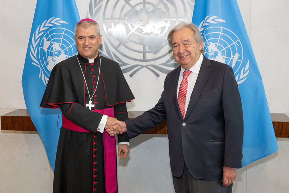 Archbishop Christophe-Zakhia el-Kassis, the Holy See's new permanent observer to the United Nations in New York, poses in an undated photo with U.N. Secretary-General António Guterres. (OSV News/Eskinder Debebe, courtesy United Nations)
