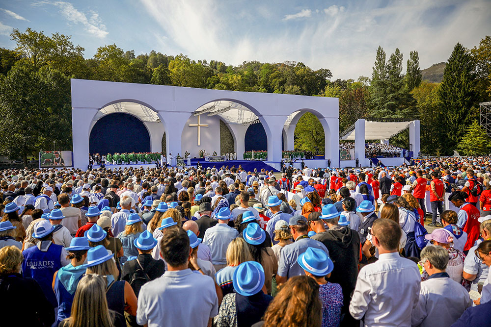 Pope Leo XIV celebrates Sunday Mass at the field alongside the Sanctuary of Our Lady of Lourdes, as part of his four-day apostolic journey to France, Sept. 27, 2026. (OSV News/Reuters/Stephane Mahe)