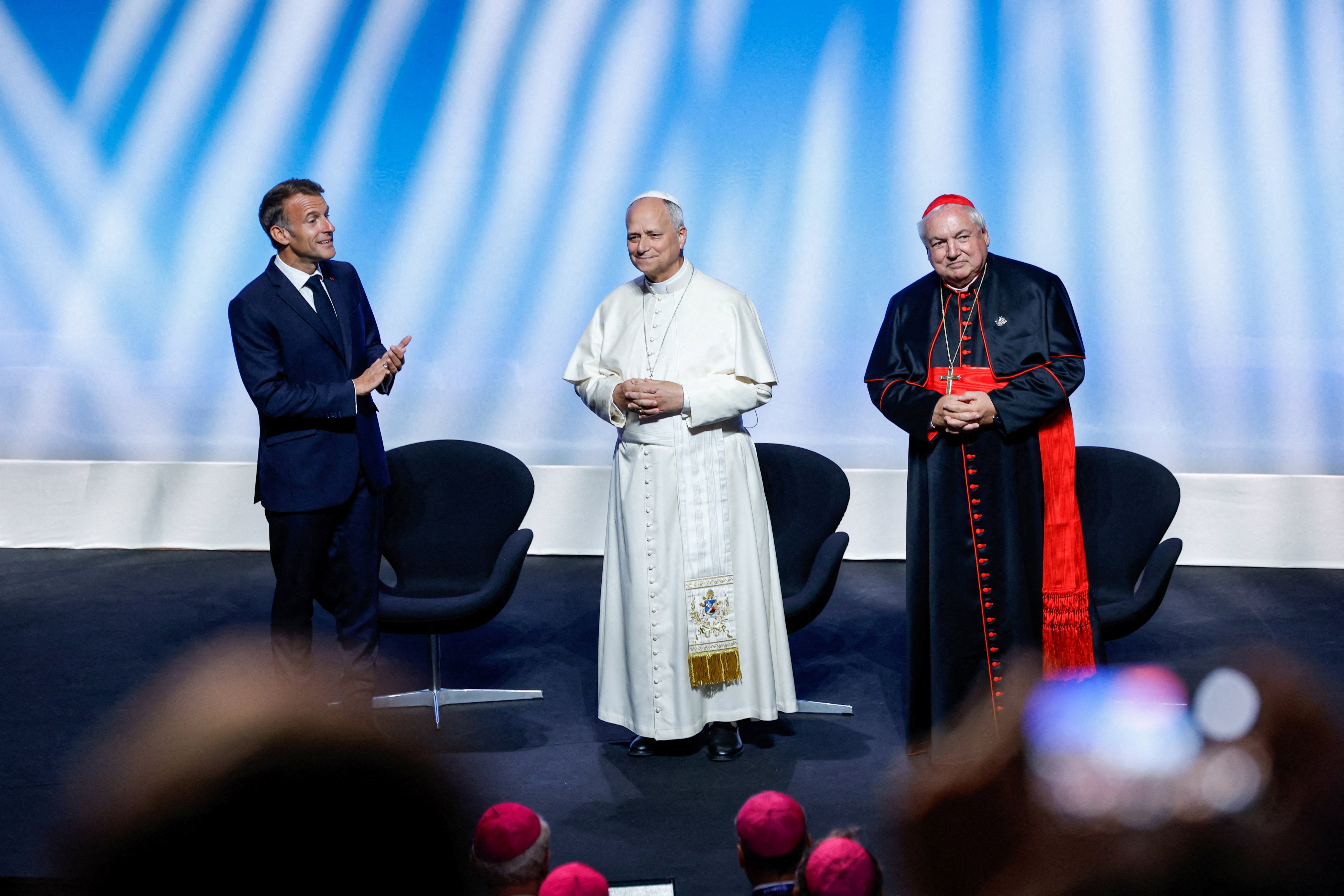French President Emmanuel Macron, Pope Leo XIV and Cardinal Jean-Marc Aveline attend a meeting