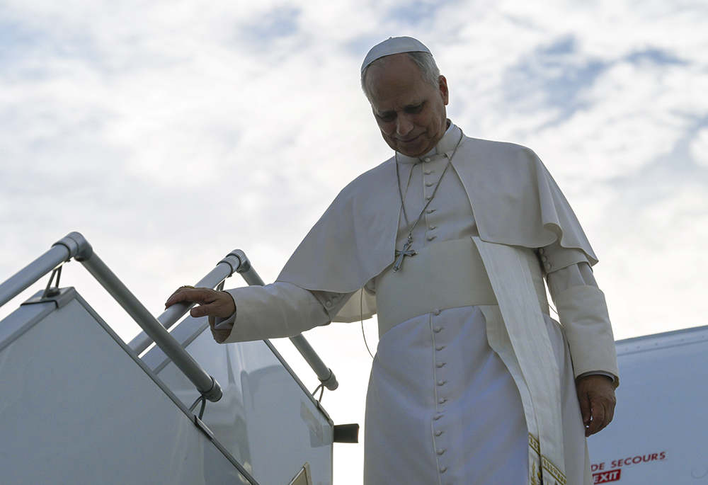 Pope Leo XIV descends the stairs of the papal plane upon arriving at Metz-Nancy-Lorraine International Airport Sept. 28, 2026, during his apostolic journey to France. (CNS/Vatican Media)