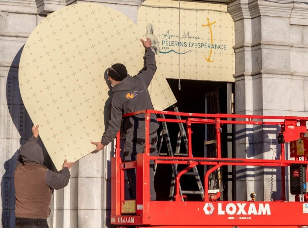 The mosaics on the doors of the facade of the Basilica of Our Lady of the Rosary, at the Sanctuary of Our Lady of Lourdes in southwestern France are being covered in an undated photograph provided by the sanctuary. (OSV News/Courtesy Lourdes Sanctuary)