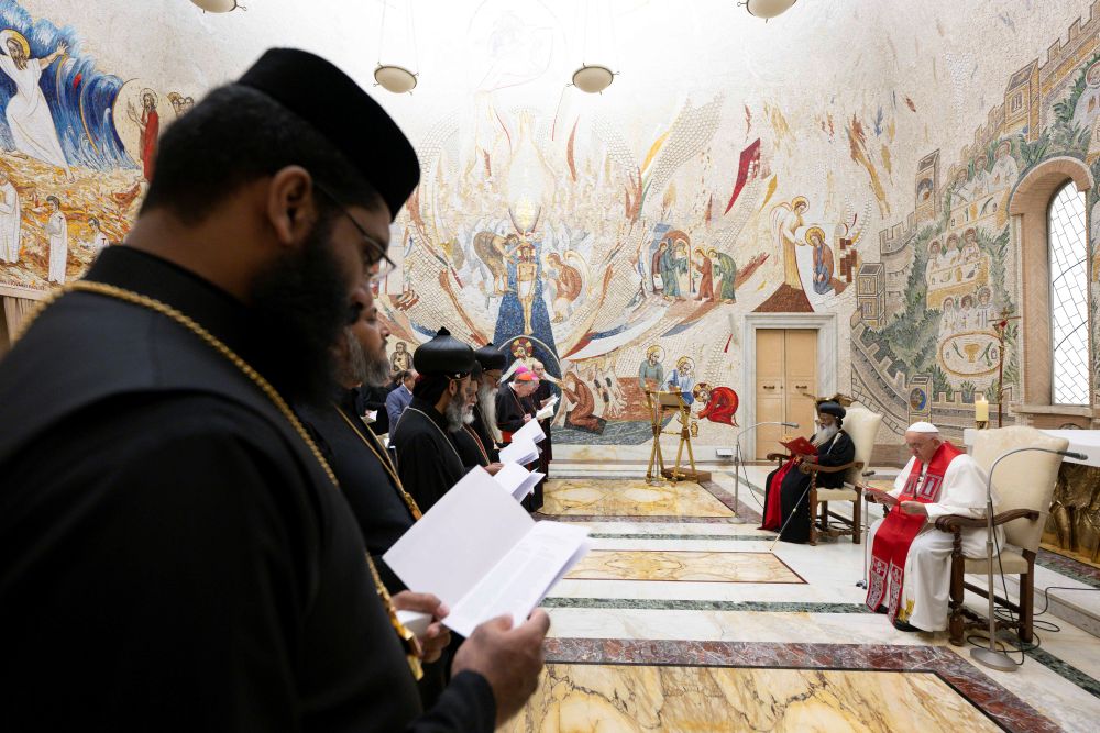 Pope Francis and Catholicos Baselios Marthoma Mathews III, primate of the Malankara Orthodox Syrian Church, lead prayers in the Redemptoris Mater Chapel of the Apostolic Palace at the Vatican Sept. 11, 2023. Former Jesuit Fr. Marko Rupnik oversaw the chapel's renovation beginning in 1996. (CNS/Vatican Media)