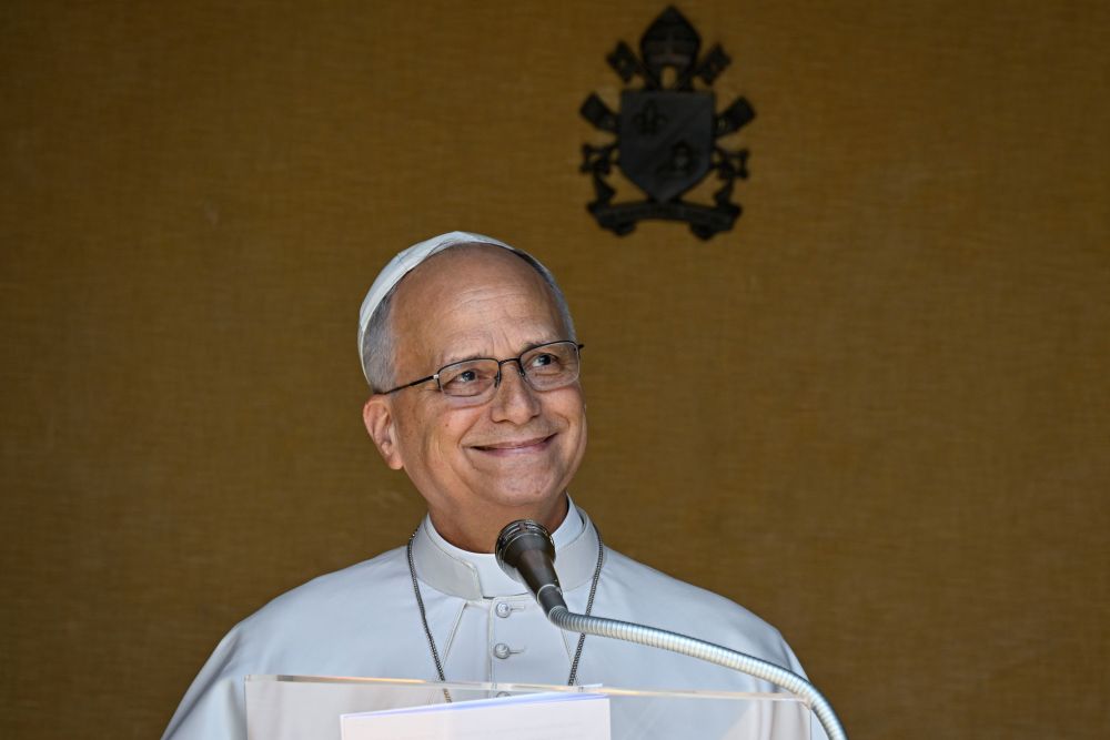 Pope Leo XIV smiles as he leads the Angelus prayer in Piazza della Liberta in Castel Gandolfo near Rome Aug. 30, 2026. (OSV News/Vatican Media)