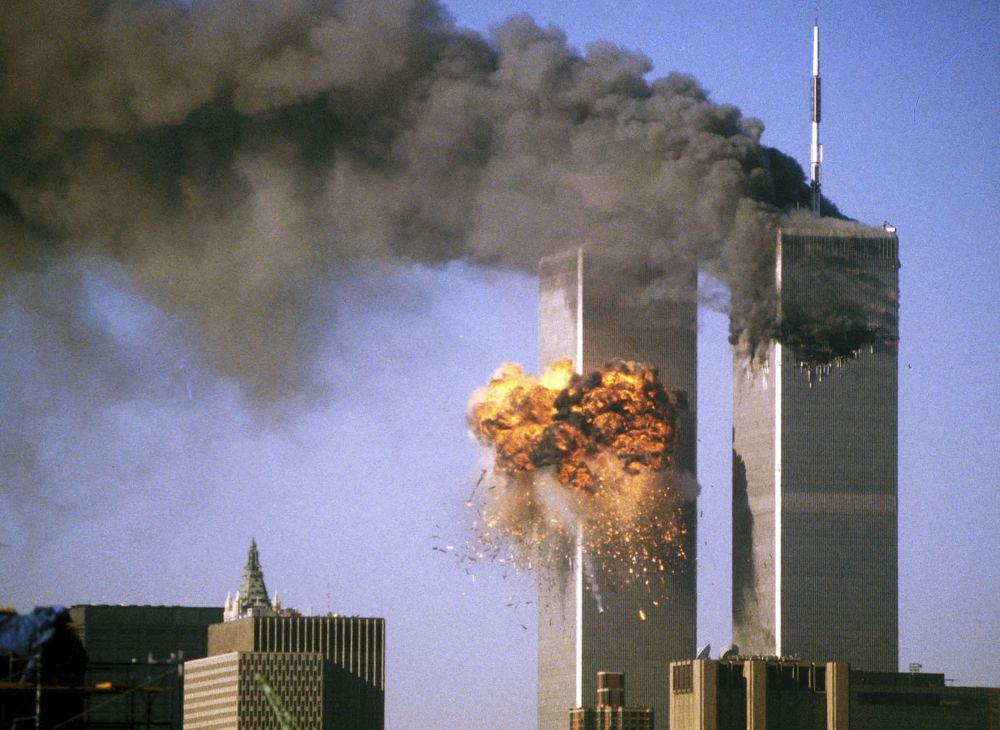 The south tower of the World Trade Center bursts into flames after being struck by United Airlines Flight 175 in New York in this Sept. 11, 2001, file photo. (OSV News/Reuters/Sean Adair)