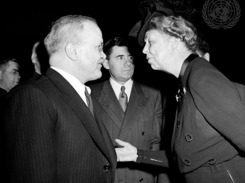 Eleanor Roosevelt (right) speaks with Vyacheslav Molotov, chairman of the Soviet Union's delegation at the first U.N. General Assembly on Oct. 23, 1946. Andrei Gromyko, Soviet ambassador to the United States, is in the background. (UN)