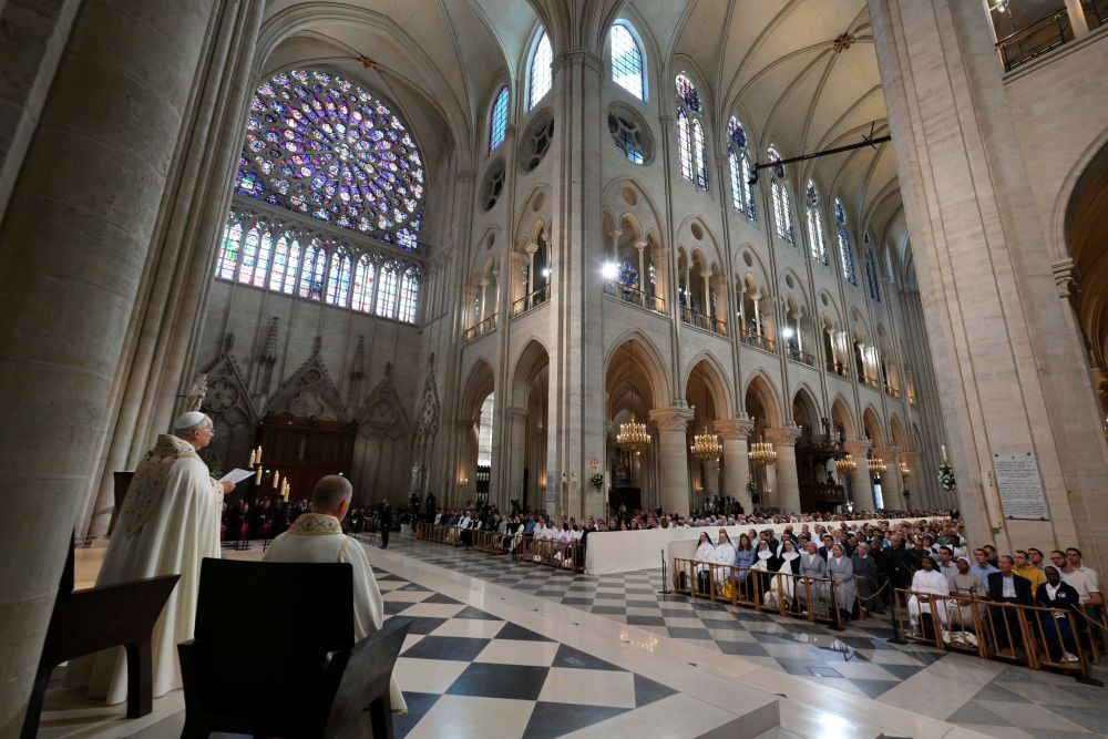 Pope Leo XIV addresses the faithful during vespers at Notre Dame Cathedral in Paris Sept. 25, 2026. (OSV News/Vatican Media/Simone Risoluti)