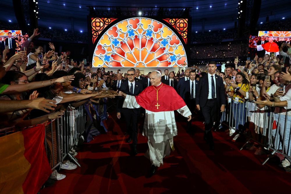 Pope Leo XIV greets young people during a prayer vigil at the Stade de France in Saint-Denis, France, Sept. 25, 2026, as part of the pope's four-day apostolic journey to France. (OSV News photo/Vatican Media/Simone Risoluti)