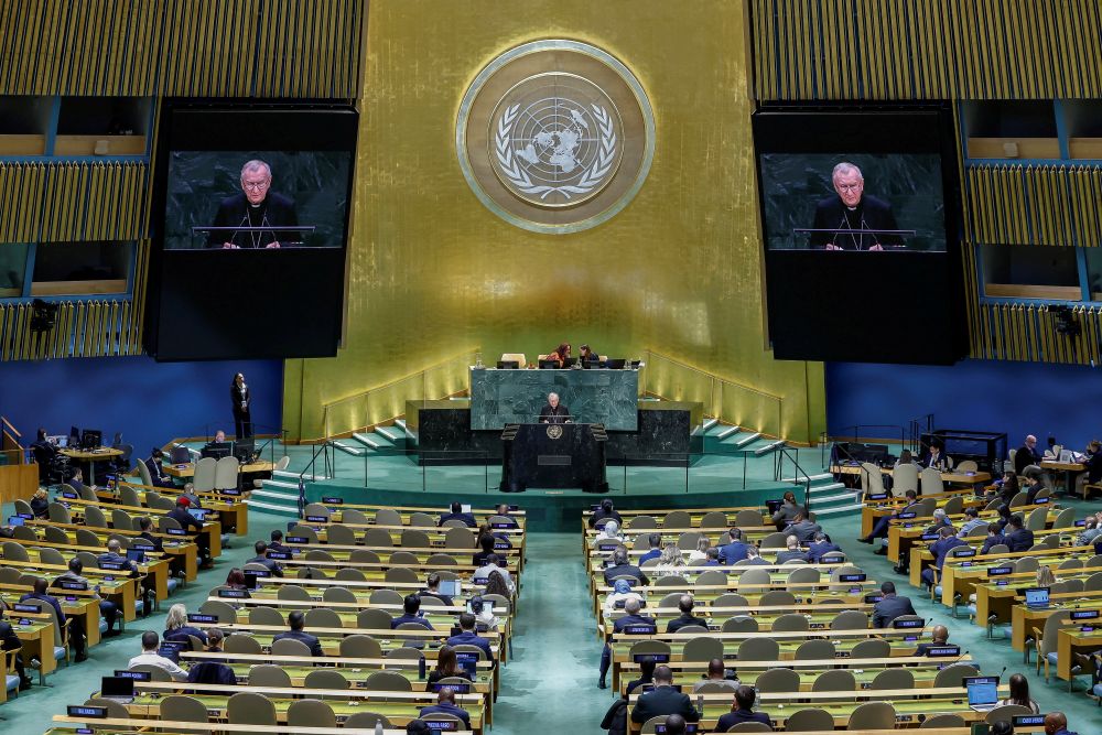 Cardinal Pietro Parolin, Vatican secretary of state, addresses the 81st United Nations General Assembly at U.N. headquarters in New York City Sept. 26, 2026. (OSV News/Reuters/Eduardo Munoz)