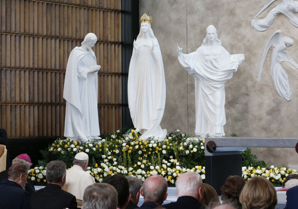 Pope Francis prays during a visit to the Chapel of the Apparitions at Ireland's Knock Shrine Aug. 26, 2018. (CNS/Paul Haring)