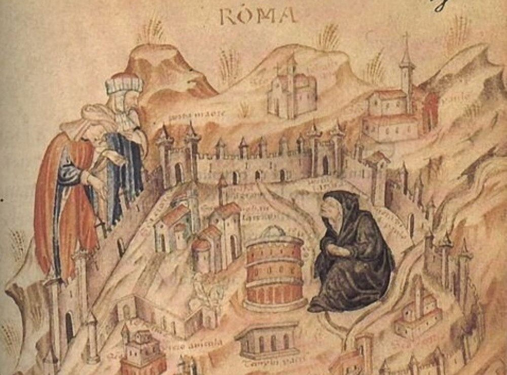 An allegorical map of Rome shows a personification of Rome as a widow during the Avignon papacy. (Wikimedia Commons)