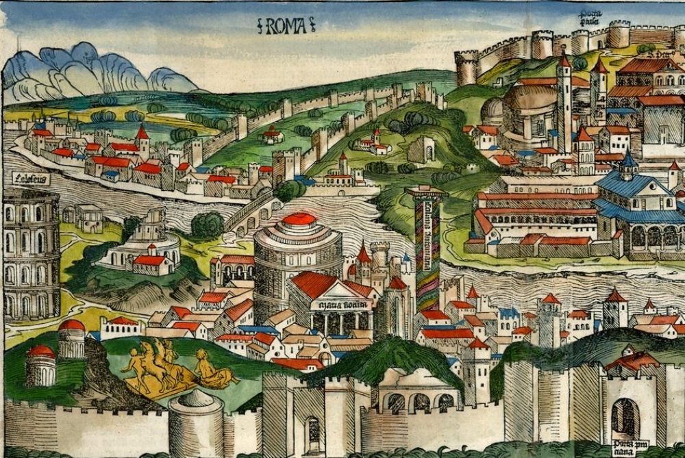 An illustration published in the 1493 "Nuremberg Chronicle" details an idealized version of the city of Rome. (Wikimedia Commons)