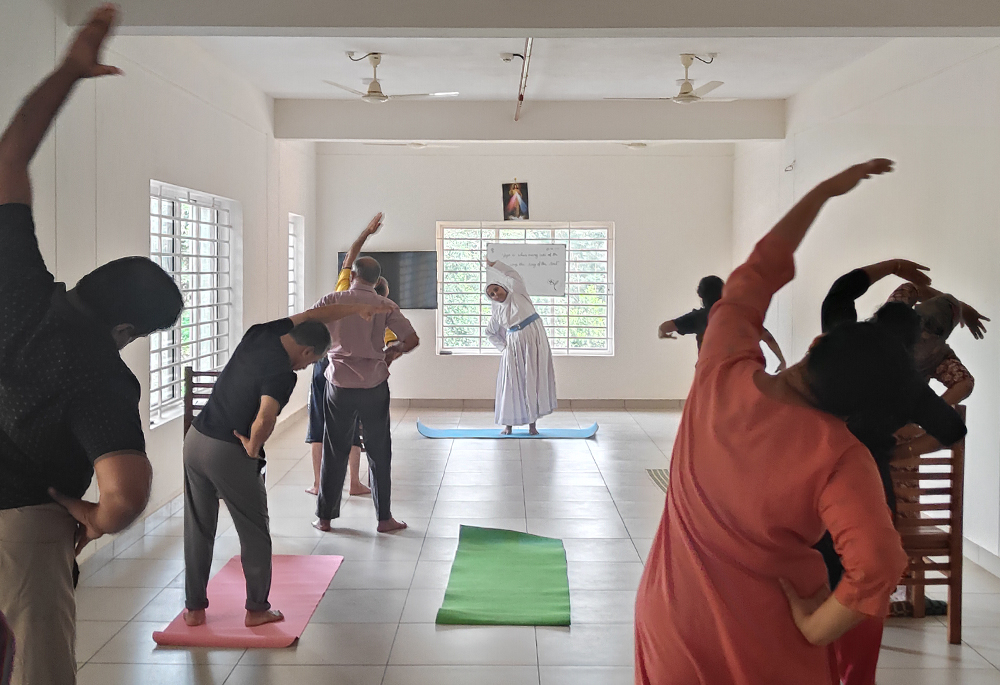 Nazareth Sr. Jincemol Chacko, chief therapist of the Nazareth Nature Cure Centre, conducts a yoga session for the participants. (Thomas Scaria)