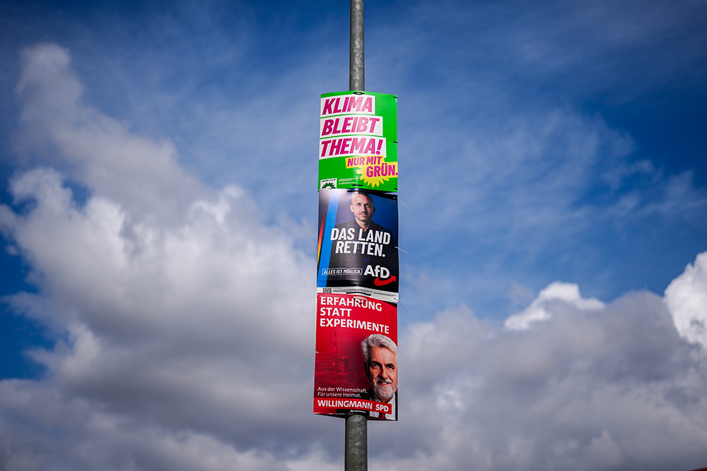Election posters for the Greens Party, the Alternative für Deutschland party and the Social Democratic Party in the state elections in Saxony-Anhalt are seen in Aschersleben, Germany, Sept. 1, 2026. (AP/Matthias Schrader)