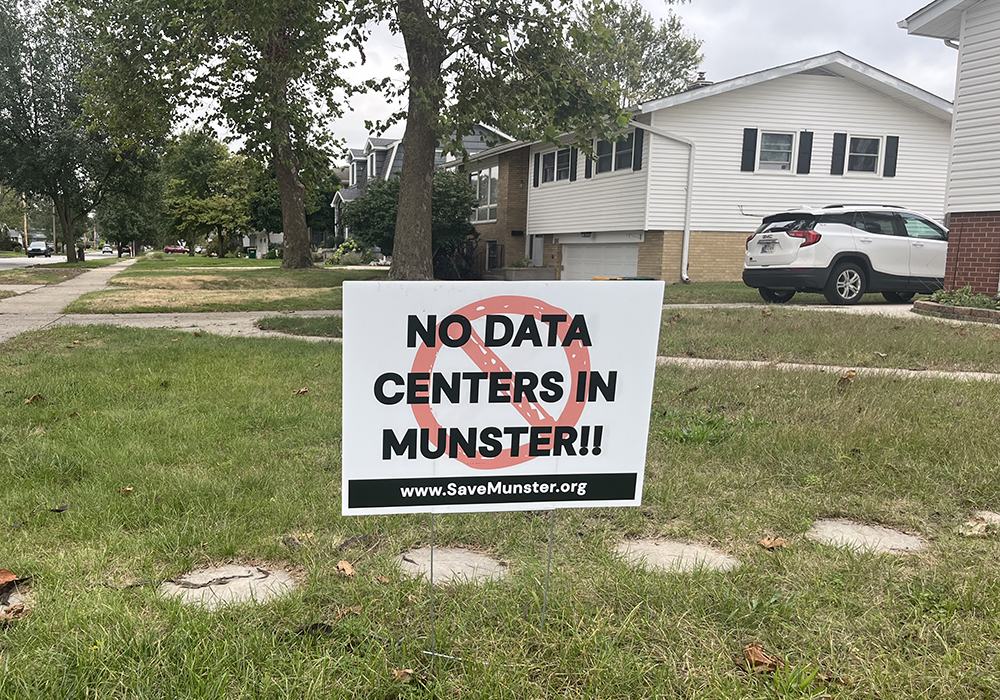 A yard sign in Munster, Indiana, opposes the construction of a new data center in the area, in September 2026. (Courtesy of Kevin Foy)
