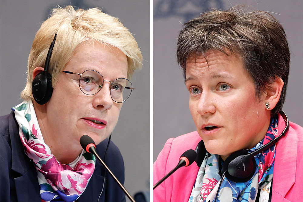 Myriam Wijlens, left, and Klara-Antonia Csiszar are photographed at different press briefings for the Synod of Bishops at the Vatican in October 2024. (CNS photos/Lola Gomez)